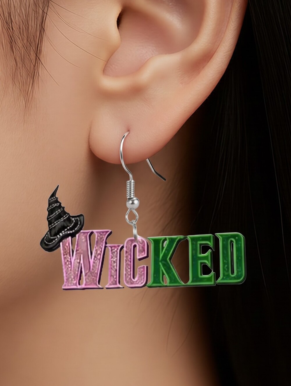 Wicked Earrings Pink and Green Glittery Dangle Pierced Ears Drop Jewelry Witch